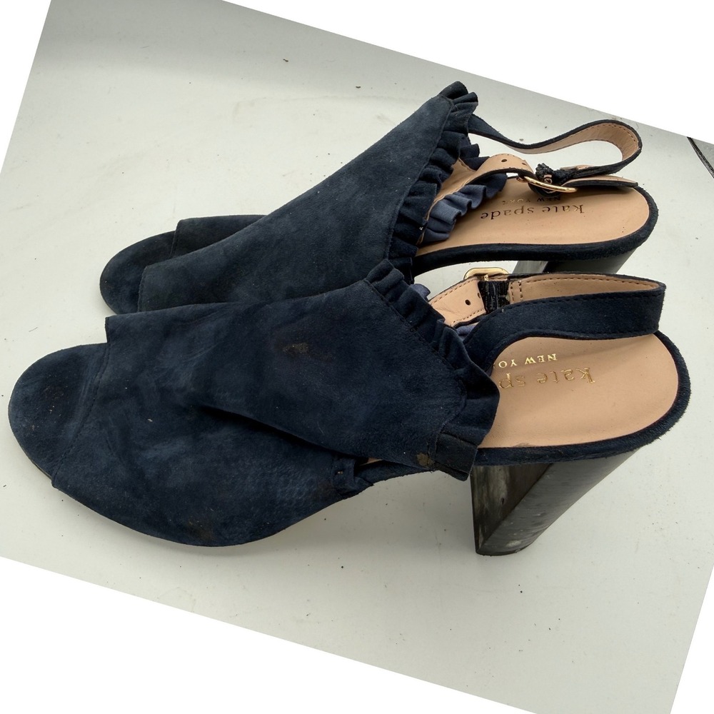 Kate Spade Navy Blue Suede Ruffle Open Toe Slingback Block Heel Sandals 10M